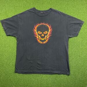 Vintage Y2K Distressed Faded Black Flame Skull Grunge Graphic TShirt Sz XL